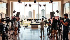 outdoor view of Content Mitra Studios in Raipur showing professional video production setup with lights, cameras, and green screen.
