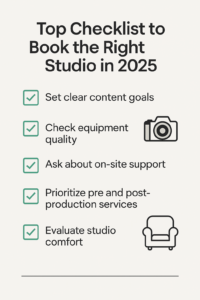 Content creation studio with modern equipment, including cameras, microphones, lighting, and comfortable seating for creators. Ideal for podcasters, influencers, and filmmakers in raipur. at content mitra