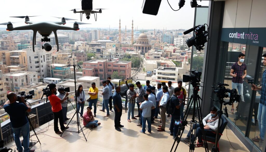 Interior view of Content Mitra Studios in Raipur showing professional video production setup with lights, cameras, and green screen.